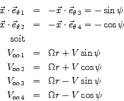 \begin{eqnarray*}
\vec x\cdot\vec e_{\theta\>1} &=& -\vec x\cdot\vec e_{\theta\>...
...Omega r - V \sin\psi
\\
V_{\infty\>4} &=& \Omega r - V \cos\psi
\end{eqnarray*}