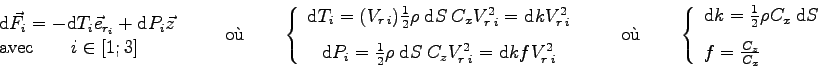 \begin{displaymath}
\left.\begin{array}{l}
\mbox{d}\vec F_i = - \mbox{d}T_i \vec...
...x \> \mbox{d}S \\ [3mm]
f = \frac{C_z}{C_x}
\end{array}\right.
\end{displaymath}