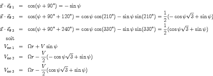 \begin{eqnarray*}
\vec x\cdot\vec e_{\theta\>1} &=& \cos(\psi+90^\circ) = -\sin\...
...infty\>3} &=& \Omega r - \frac V 2 (\cos\psi\sqrt 3 + \sin\psi)
\end{eqnarray*}