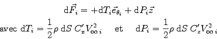 \begin{displaymath}\displaylines{
\mbox{d}\vec F_i = + \mbox{d}T_i \vec e_{\thet...
...{d}P_i = \frac 1 2 \rho \> \mbox{d}S \> C_z' V_{\infty\>i}^2
}\end{displaymath}