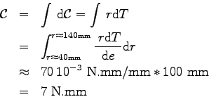 \begin{eqnarray*}
{\cal C} &=& \int \> \mbox{d}{\cal C} = \int \> r \mbox{d}T
\...
...10^{-3} \mbox{ N.mm/mm} * 100 \mbox{ mm}
\\
&=& 7 \mbox{ N.mm}
\end{eqnarray*}