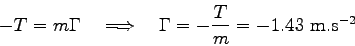\begin{displaymath}
- T = m \Gamma \quad\Longrightarrow\quad \Gamma = -\frac T m = -1.43 \mbox{ m.s$^{-2}$}
\end{displaymath}